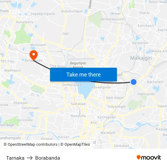 Tarnaka to Borabanda map