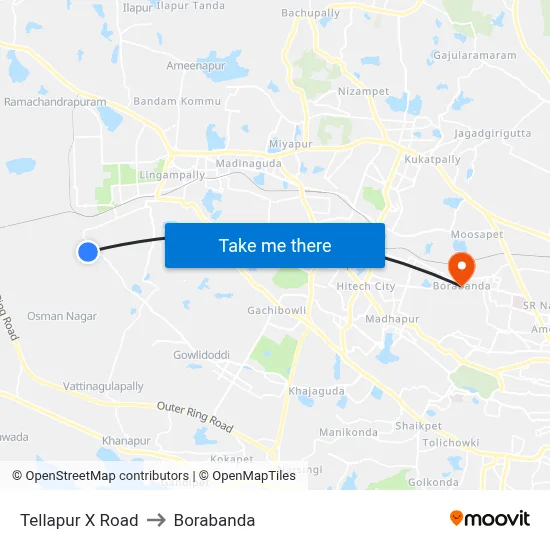Tellapur X Road to Borabanda map