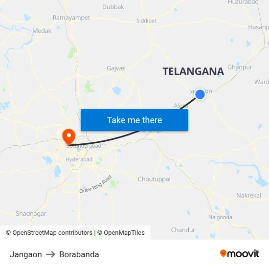 Jangaon to Borabanda map