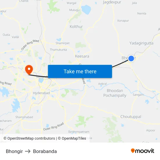 Bhongir to Borabanda map