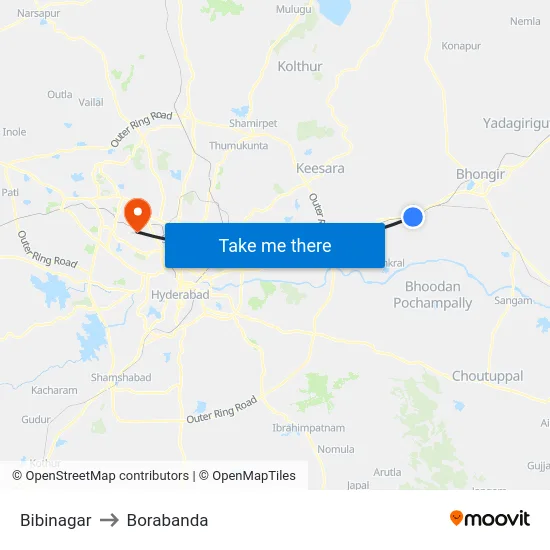 Bibinagar to Borabanda map