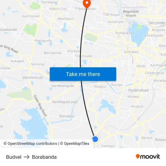 Budvel to Borabanda map