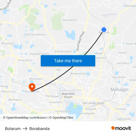 Bolarum to Borabanda map