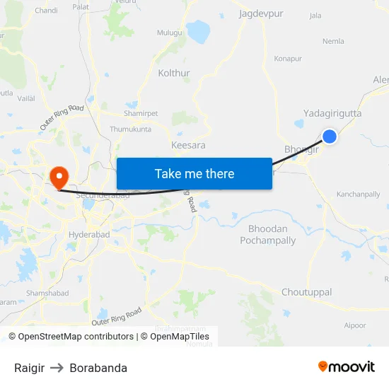 Raigir to Borabanda map