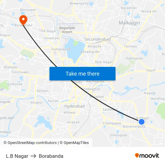 L.B Nagar to Borabanda map