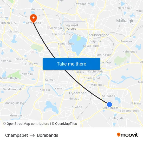 Champapet to Borabanda map