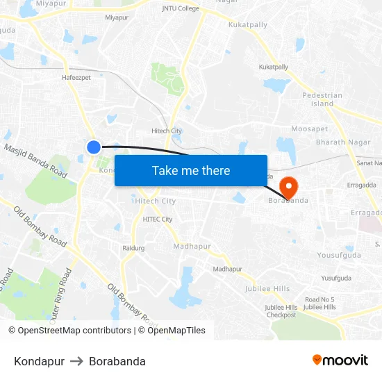 Kondapur to Borabanda map