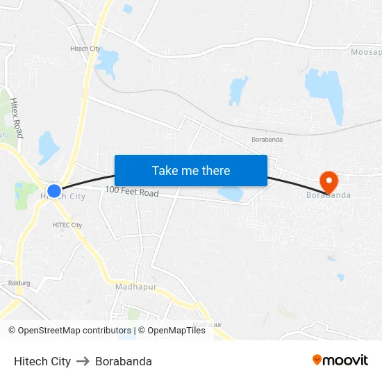 Hitech City to Borabanda map