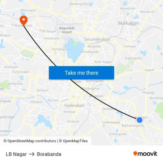 LB Nagar to Borabanda map