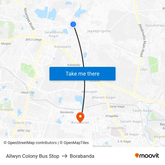 Allwyn Colony Bus Stop to Borabanda map