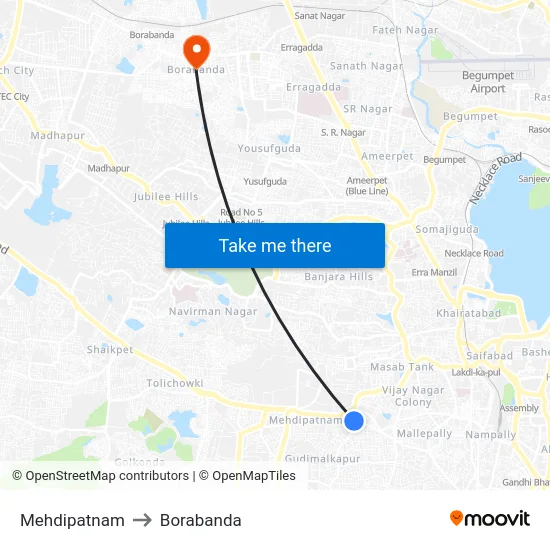 Mehdipatnam to Borabanda map
