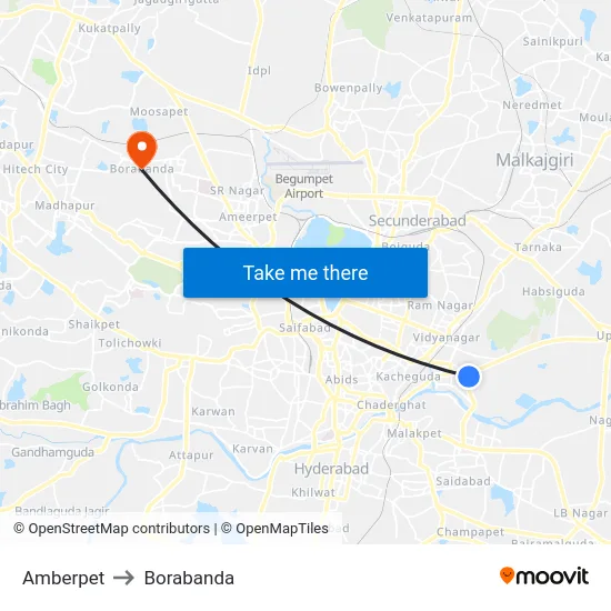 Amberpet to Borabanda map