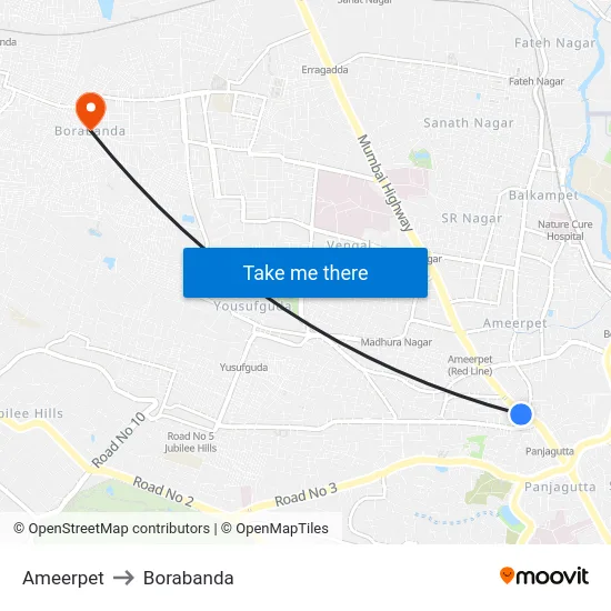 Ameerpet to Borabanda map