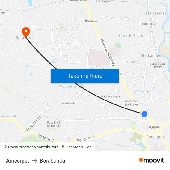 Ameerpet to Borabanda map