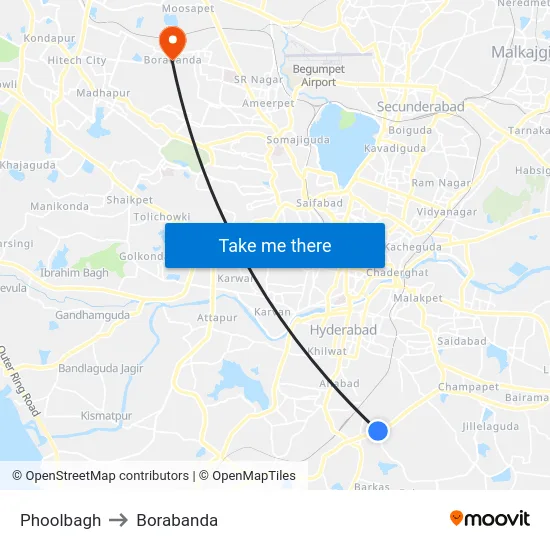 Phoolbagh to Borabanda map