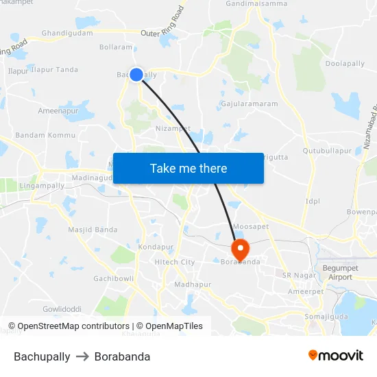Bachupally to Borabanda map