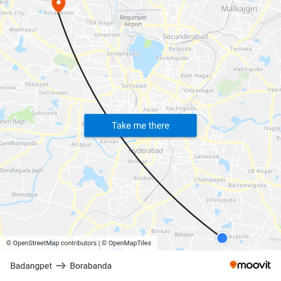 Badangpet to Borabanda map