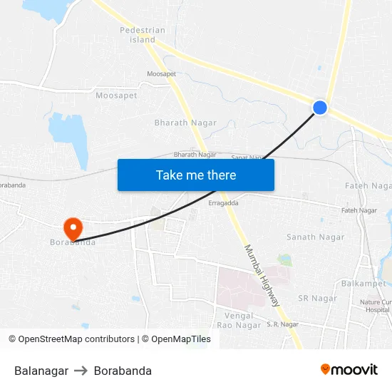 Balanagar to Borabanda map