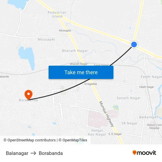 Balanagar to Borabanda map