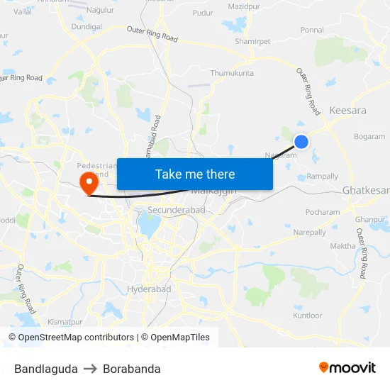 Bandlaguda to Borabanda map