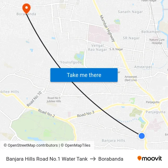 Banjara Hills Road No.1 Water Tank to Borabanda map