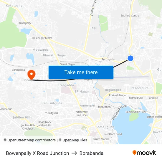 Bowenpally X Road Junction to Borabanda map