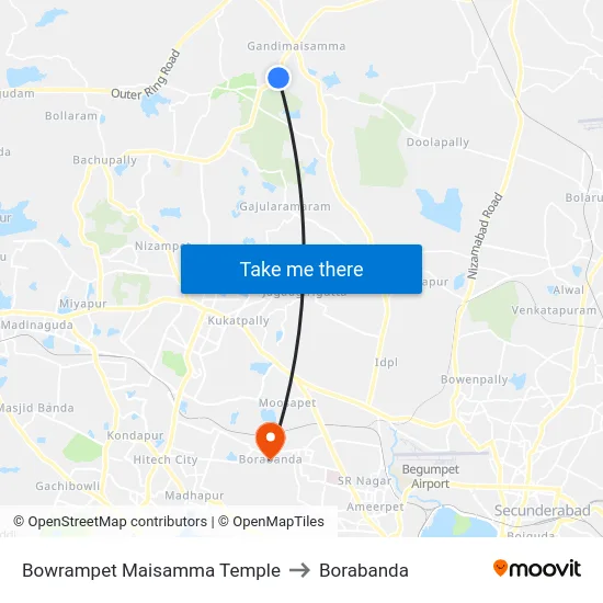Bowrampet Maisamma Temple to Borabanda map