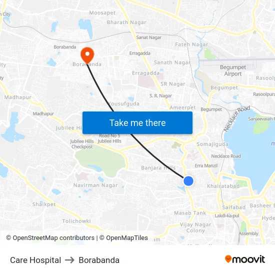 Care Hospital to Borabanda map