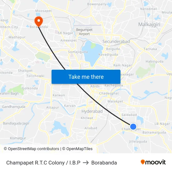 Champapet R.T.C Colony / I.B.P to Borabanda map