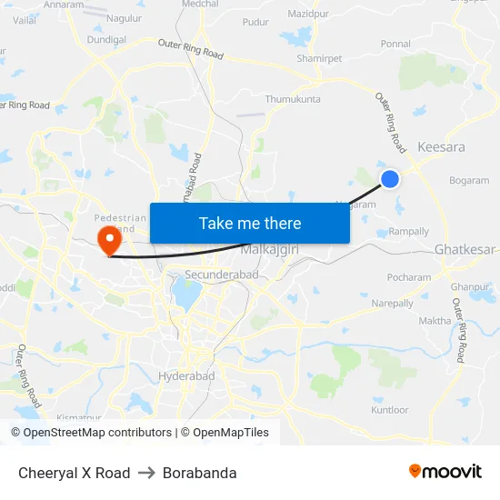 Cheeryal X Road to Borabanda map