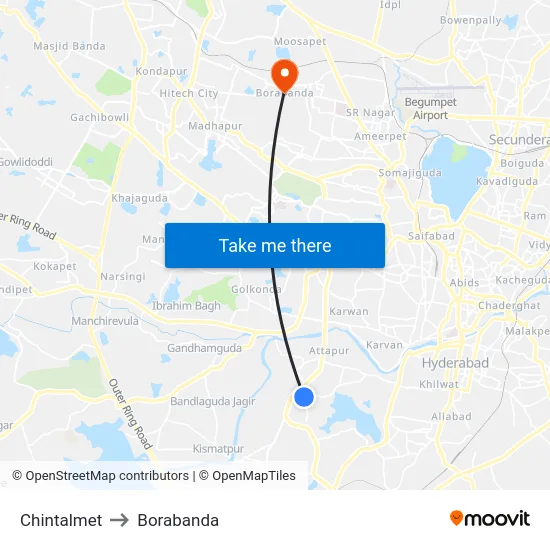 Chintalmet to Borabanda map