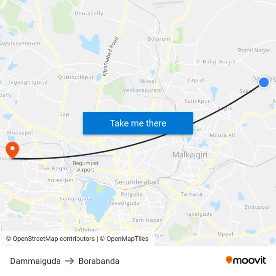 Dammaiguda to Borabanda map