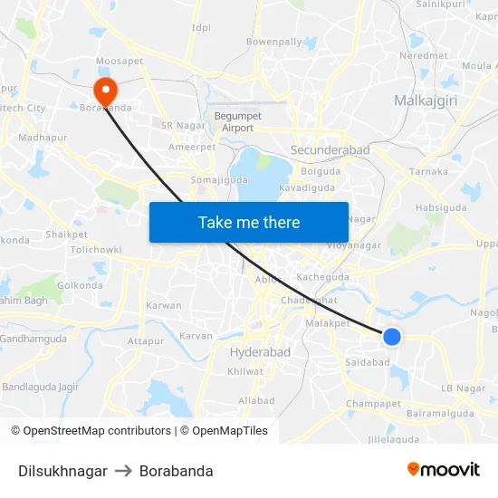 Dilsukhnagar to Borabanda map