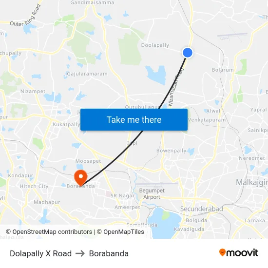 Dolapally X Road to Borabanda map