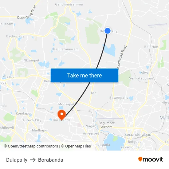 Dulapally to Borabanda map