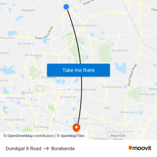 Dundigal X Road to Borabanda map