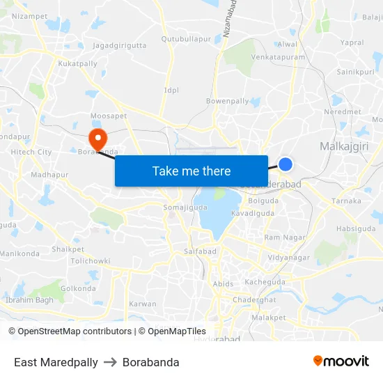 East Maredpally to Borabanda map