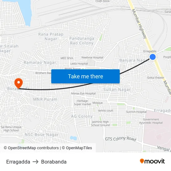 Erragadda to Borabanda map