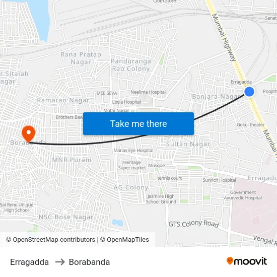 Erragadda to Borabanda map