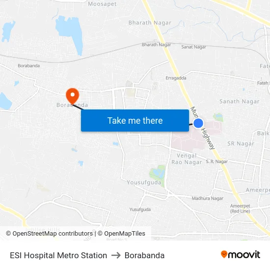 ESI Hospital Metro Station to Borabanda map