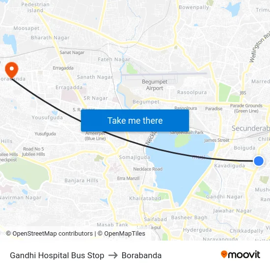 Gandhi Hospital Bus Stop to Borabanda map