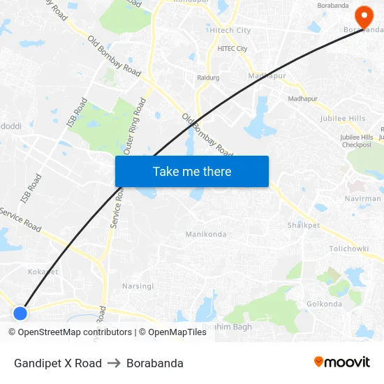 Gandipet X Road to Borabanda map