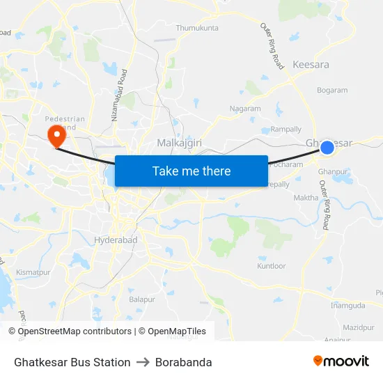 Ghatkesar Bus Station to Borabanda map
