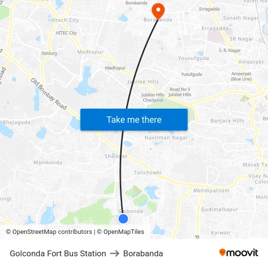 Golconda Fort Bus Station to Borabanda map