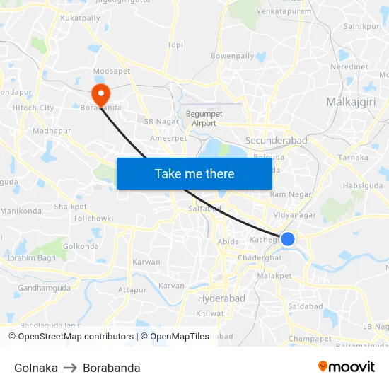 Golnaka to Borabanda map