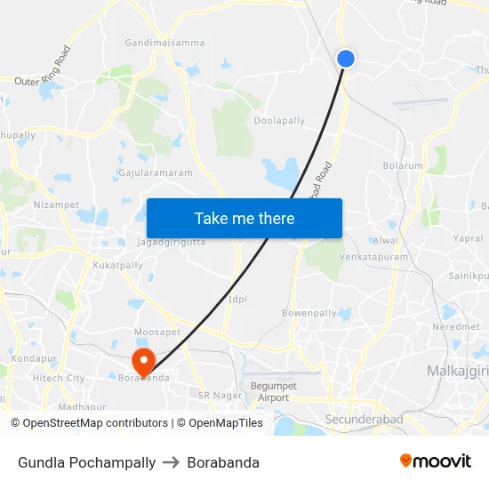 Gundla Pochampally to Borabanda map