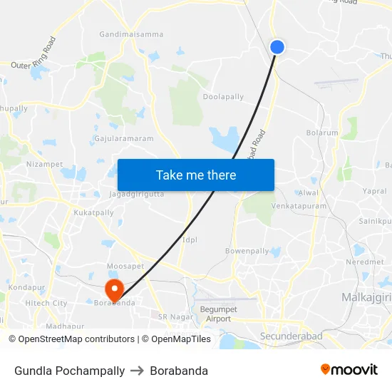 Gundla Pochampally to Borabanda map