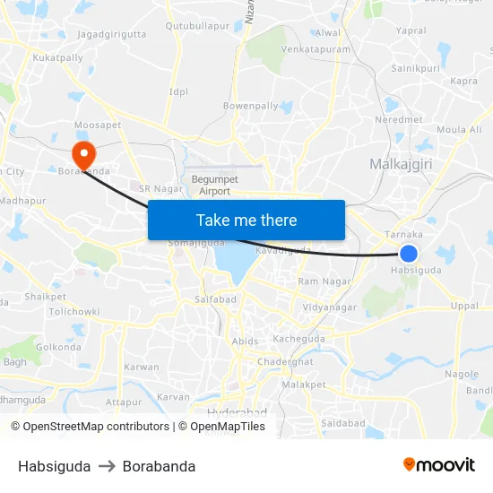 Habsiguda to Borabanda map