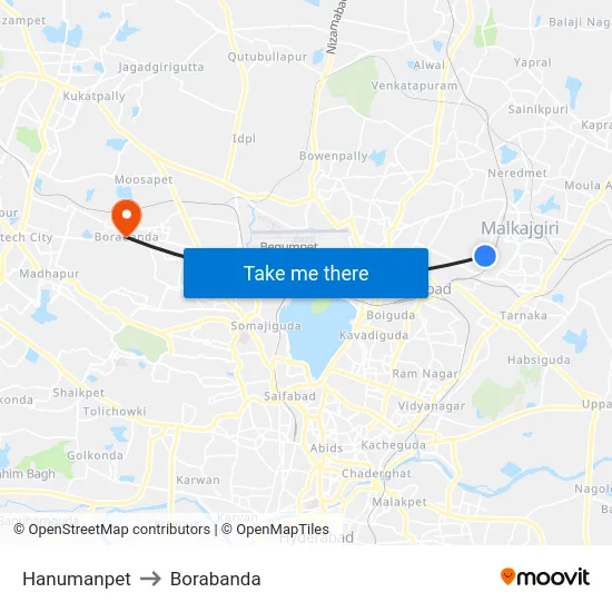 Hanumanpet to Borabanda map