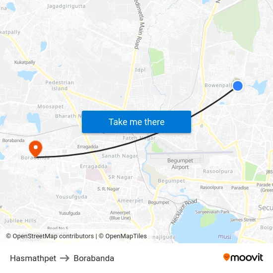 Hasmathpet to Borabanda map